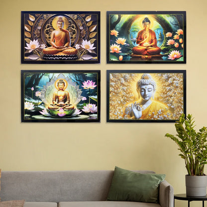 Decorative Lord Buddha Wall Painting With Wooden Frame Mix Design 45x30 Cm Approx (1 Pc) - Zidbik