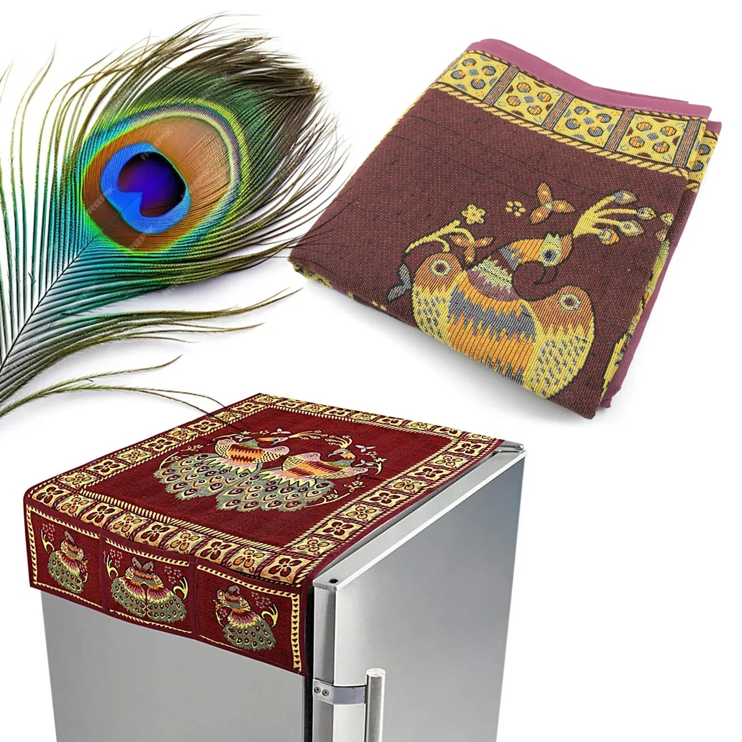 8889 Cotton Fridge Top Cover Set - Standard Appliance Covers Fridge Dustproof Cover With Peacock Deign 6 Utility Side Pockets Fridge Cover For All Types Fridge Refrigerator Use (100x60cm) - Zidbik