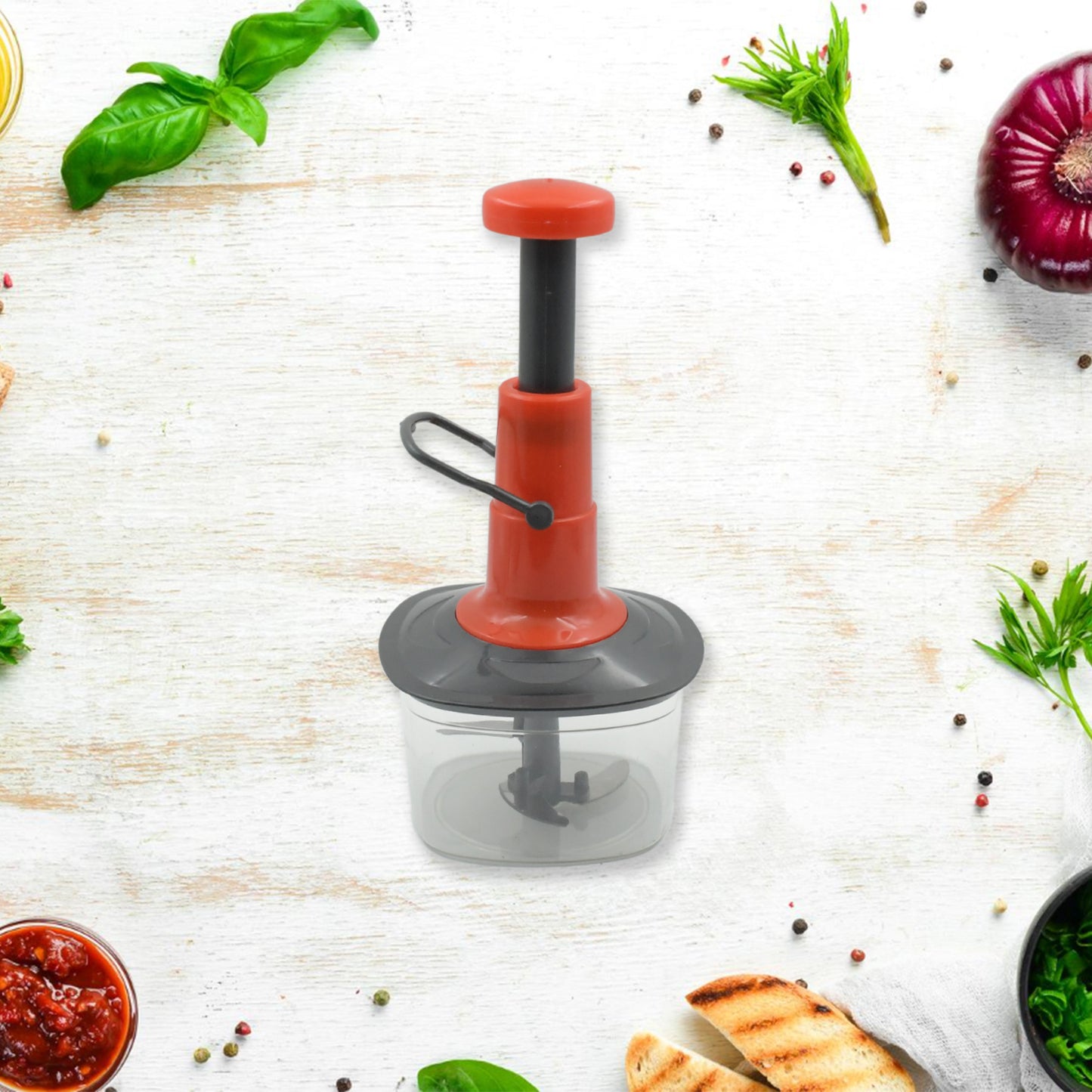 5790 Manual Press Fruit  Vegetable Chopper With 3 Stainless Steel Blades Anti-slip Base And Locking System Cutting Chopper For Kitchen (650 Ml) - Zidbik