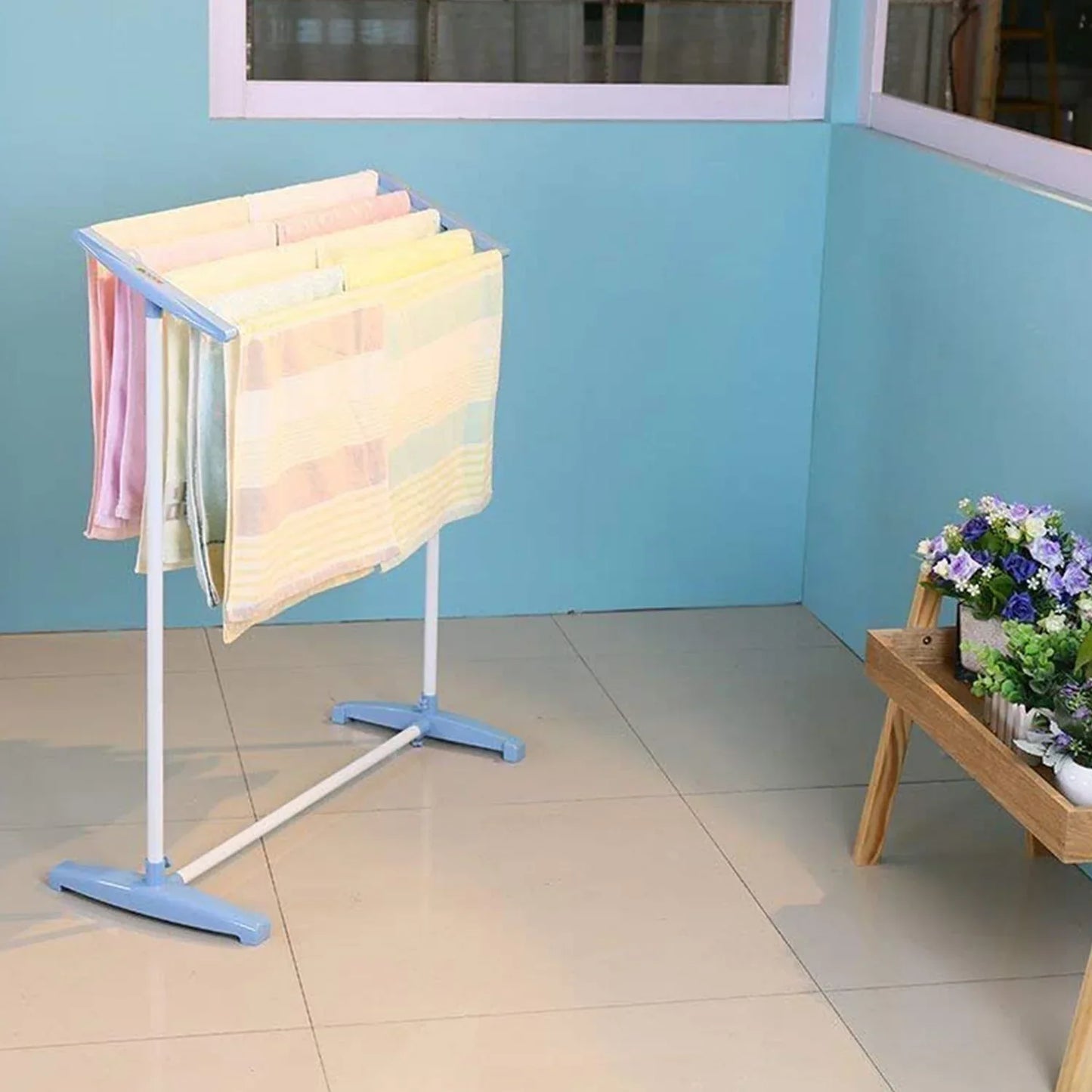 8724 Multi-functional Single Tier Mobile Towel Foldable Rack For Cloth And Towel Stainless Steel And Plastic Made Mobile Towel And Cloth Rack Holder Indoor Outdoor Standing Movable Cloth Dryer Rack Balcony Cloth Drying Stand - Zidbik