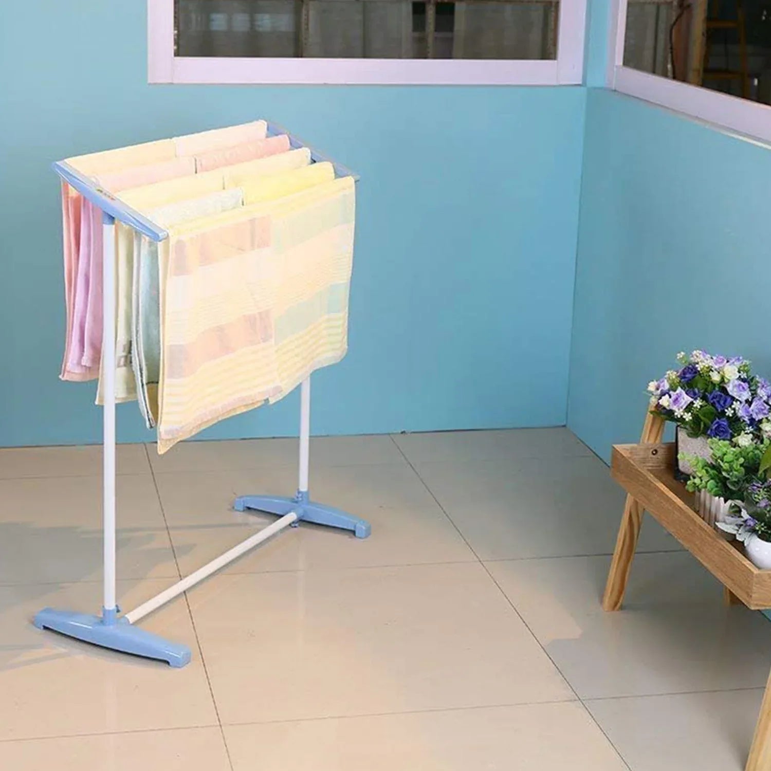 8724 Multi-functional Single Tier Mobile Towel Foldable Rack For Cloth And Towel Stainless Steel And Plastic Made Mobile Towel And Cloth Rack Holder Indoor Outdoor Standing Movable Cloth Dryer Rack Balcony Cloth Drying Stand - Zidbik