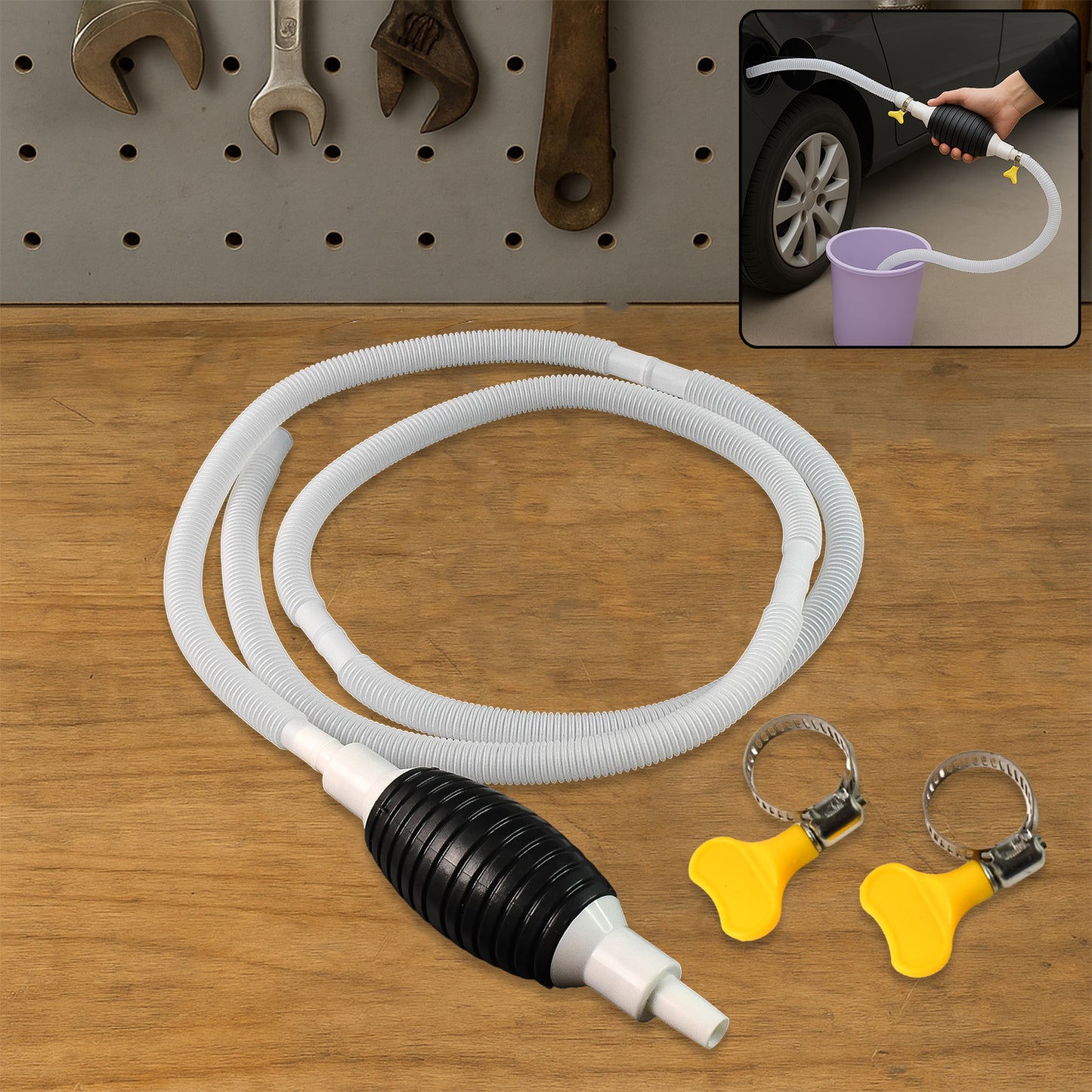 Fuel Transfer Pump Hose With Hand Pump And 2 Hose Clamps - Zidbik