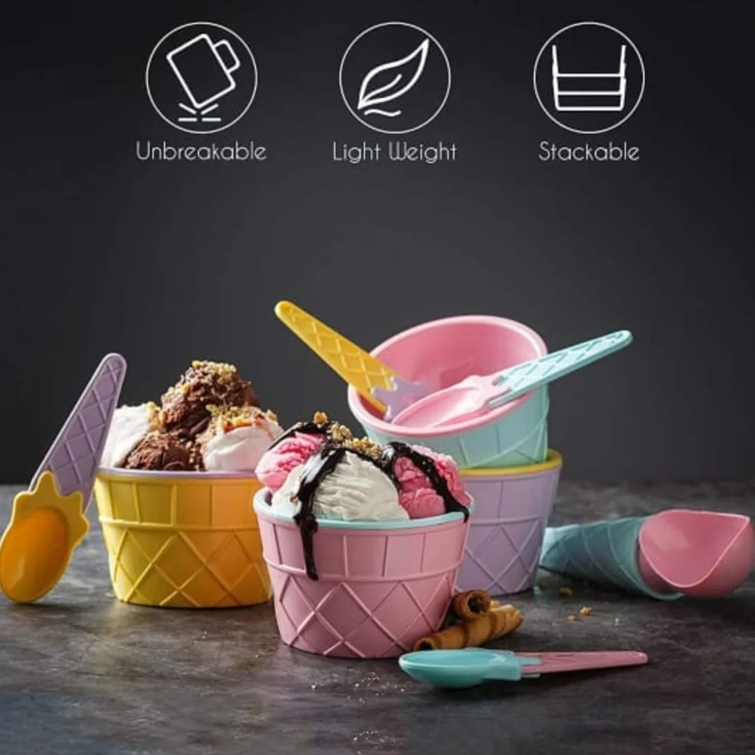 5321 Ice Cream Bowl Spoon Set Plastic Solid Colour Cream Cup Couple Bowl With Spoon. Ice Cream Spoon Bowl Set 12 Pc Set Of Ice Cream Bowl Spoon (Multi Color) - Zidbik