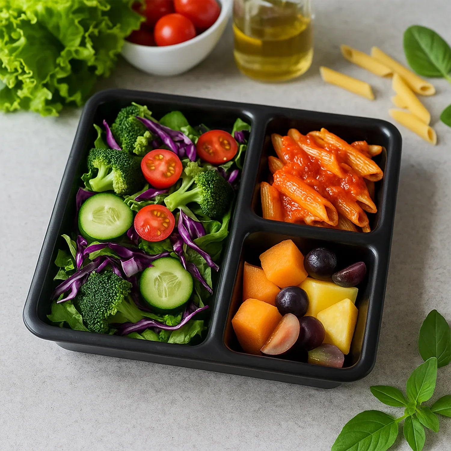 Plastic Multi-compartment Meal Serving Tray 3-section Rectangular Dining Plate (1 Pc Black) - Zidbik