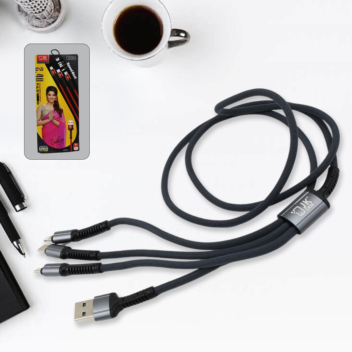 3 In 1 Multi Super Fast Charging Cable (1 Pc  1200 Mm) - Zidbik