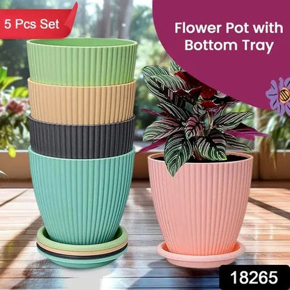 Plastic Flower Pot With Bottom Tray (5 Pcs Set) - Zidbik