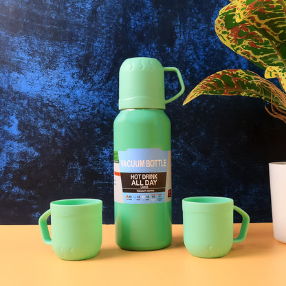 Green Vacuum Flask Set  Stainless Steel Thermos With 3 Cups Approx 500ml - Zidbik