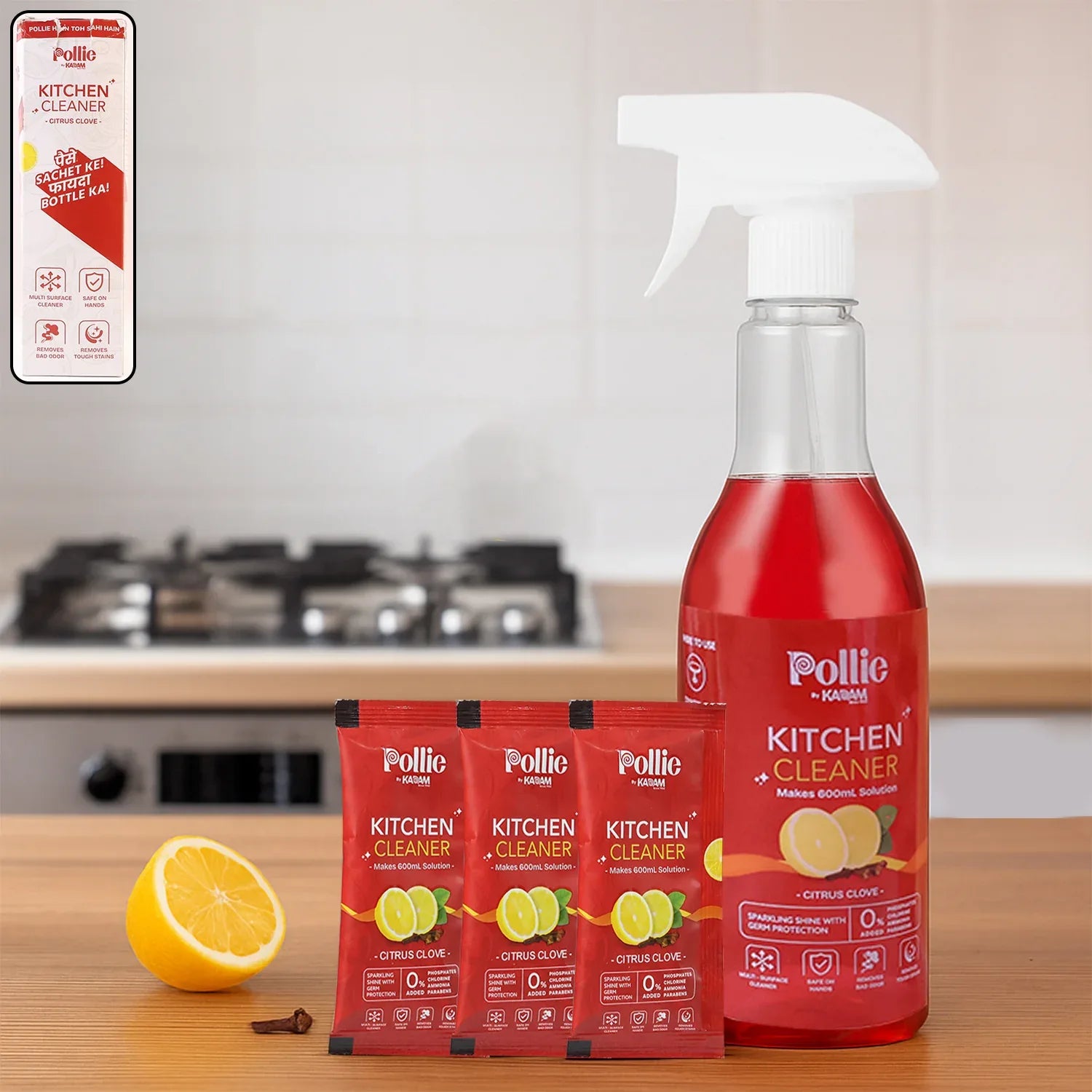 Pollic Kadam Concentrated Kitchen Surface Cleaner Refill Kit With Spray Bottle - Zidbik