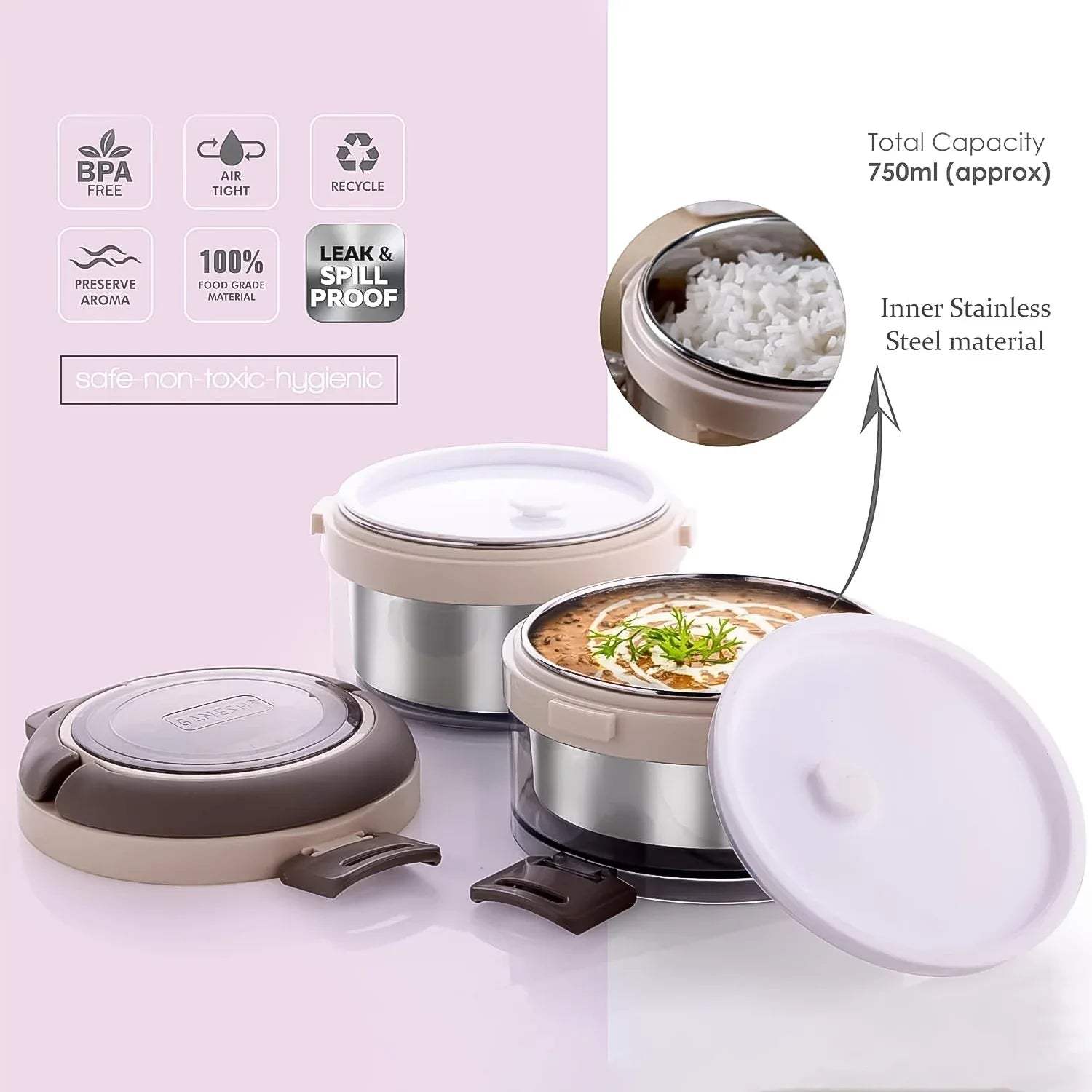 Ganesh Steko-2 Double Layer Stainless Steel Insulated Lunch Box Set - Zidbik