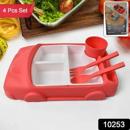 Kids Car Shaped Plates Cup Lunch Box Dinnerware Set (4 Pcs Set 1000 Ml Lunch Box) - Zidbik