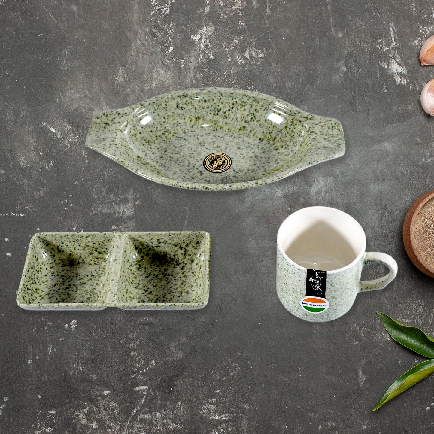 8240 Sunday Funday Ceramic Tea  Cups  Mug With Plastic Snacks Platter And 2 Compartment Chutney Bowl Milk Cup Coffee Cup Breakfast Cup Drinking Mug Or Outdoor For Household Gift For Birthday Wedding Party (6 Pcs Set) - Zidbik