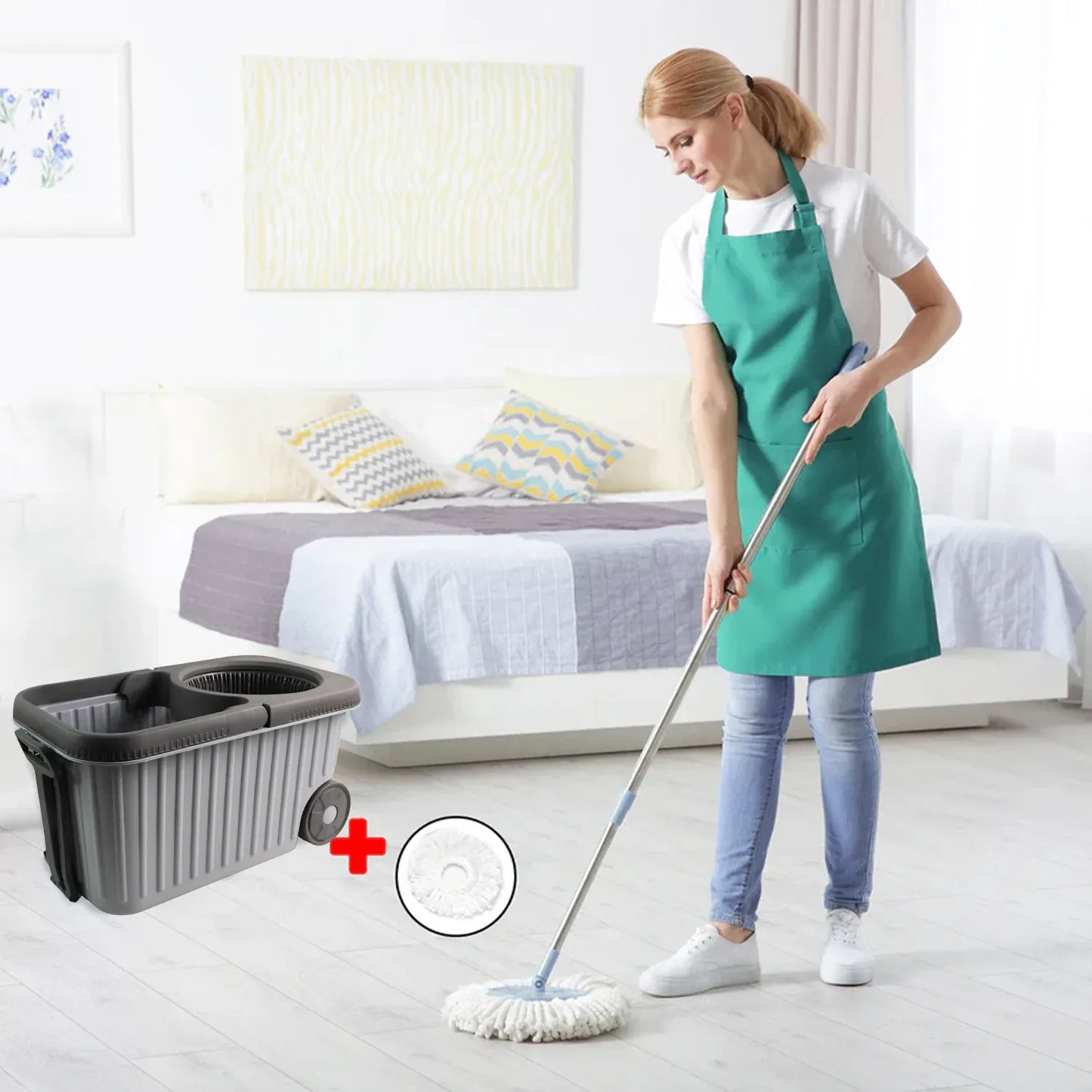 Apex Magic Spin Mop Cleaning Set With Dual Chamber Bucket Wheels - Zidbik