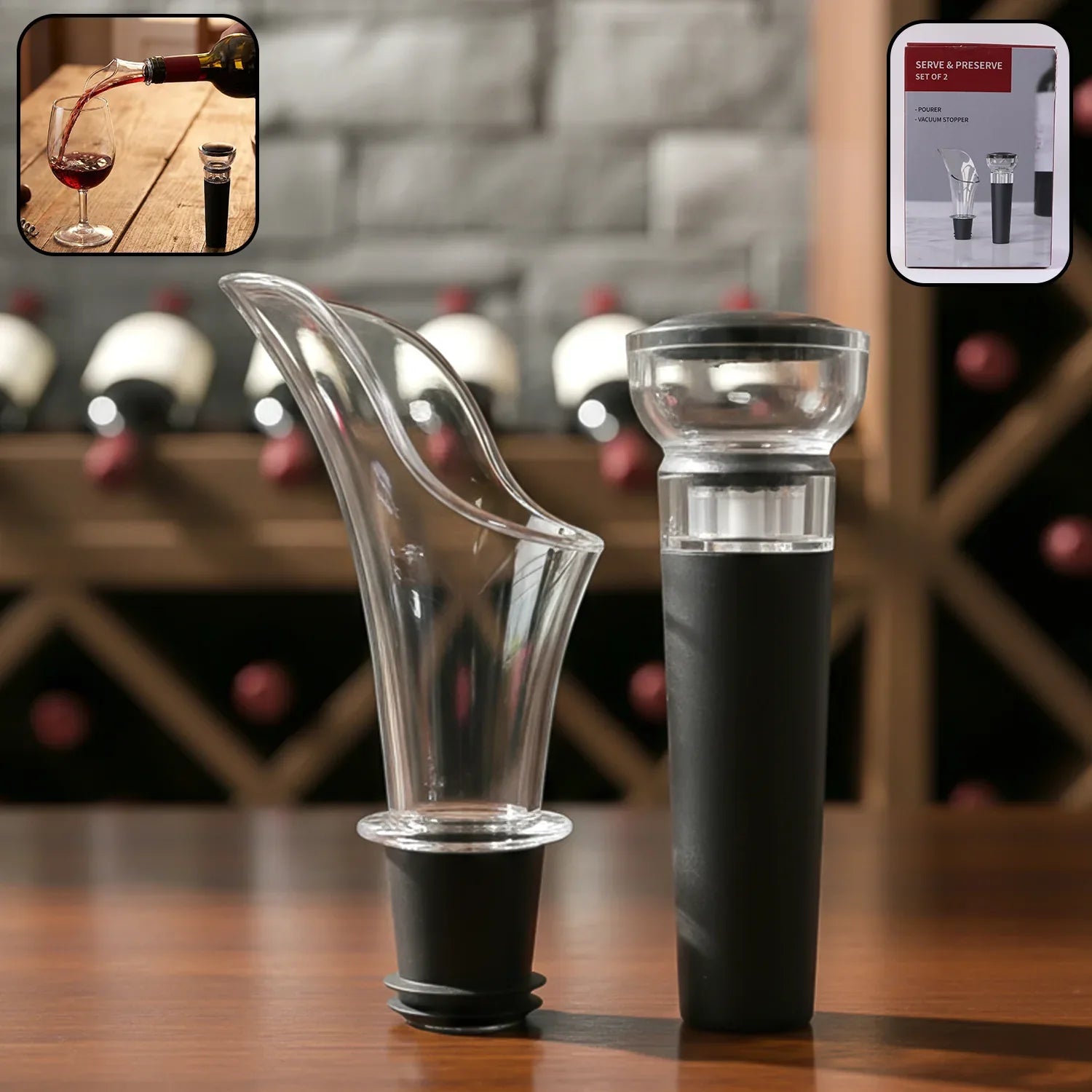 Premium Wine Poorer And Vacuum Bottle Stopper Set (2 Pc) - Zidbik