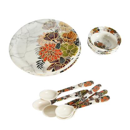 8231 Dream High Quality Plastic Dinning Dinner Set With Unique Flower Design Printed 6 Pc Plates 6 Pc Bowls And 6 Pc Serving Spoon Lightweight Round Plates And Bowls Microwave And Dishwasher Safe (18 Pcs Set) - Zidbik