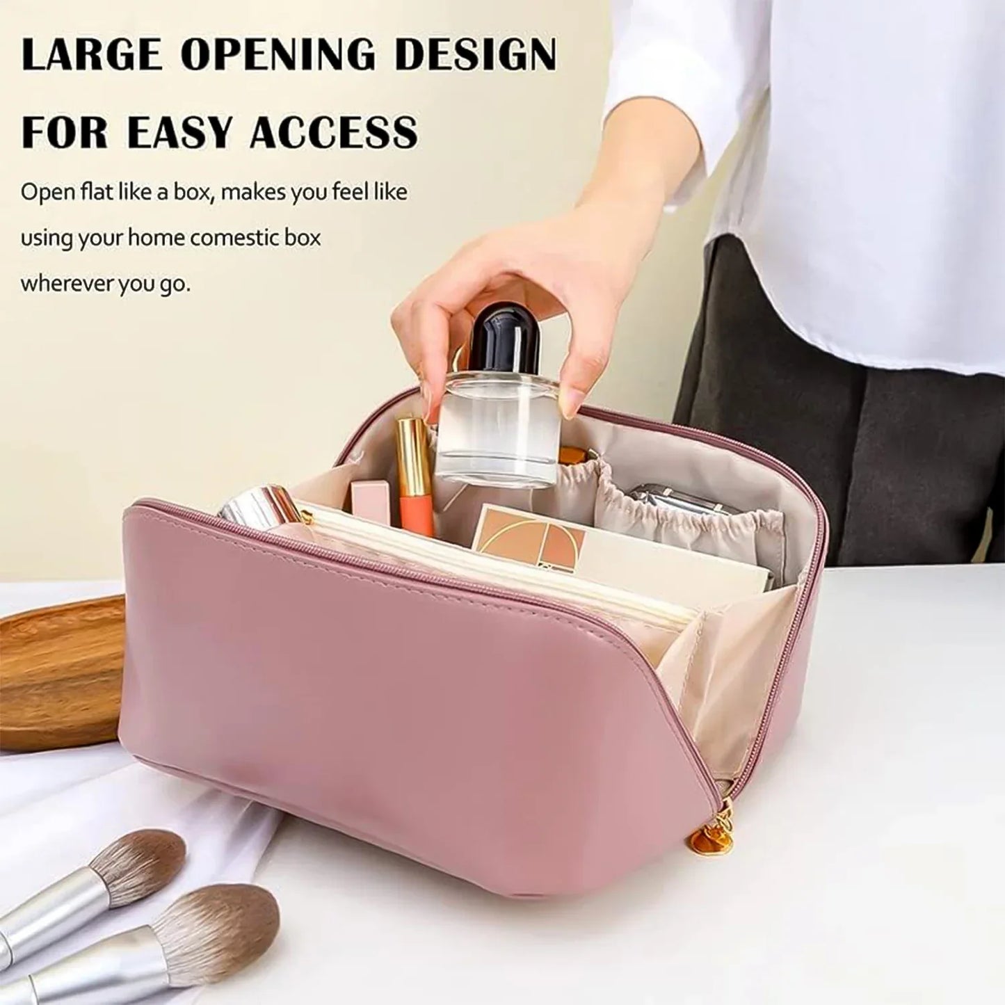 Premium Peach Travel Makeup Toiletry Organizer Pouch With Zipper Handle (1 Pc) - Zidbik