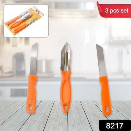 8217 3in1 Multipurpose Stainless Steel Classic Kitchen Knife Set Of 3 For Fruits And Vegetable Chopping  Cutting  Peeling Kitchen Knife  Vegetable Peeler  Plain Knife - Zidbik