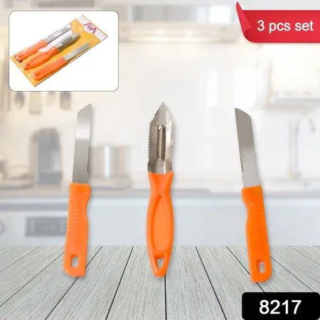 8217 3in1 Multipurpose Stainless Steel Classic Kitchen Knife Set Of 3 For Fruits And Vegetable Chopping  Cutting  Peeling Kitchen Knife  Vegetable Peeler  Plain Knife - Zidbik