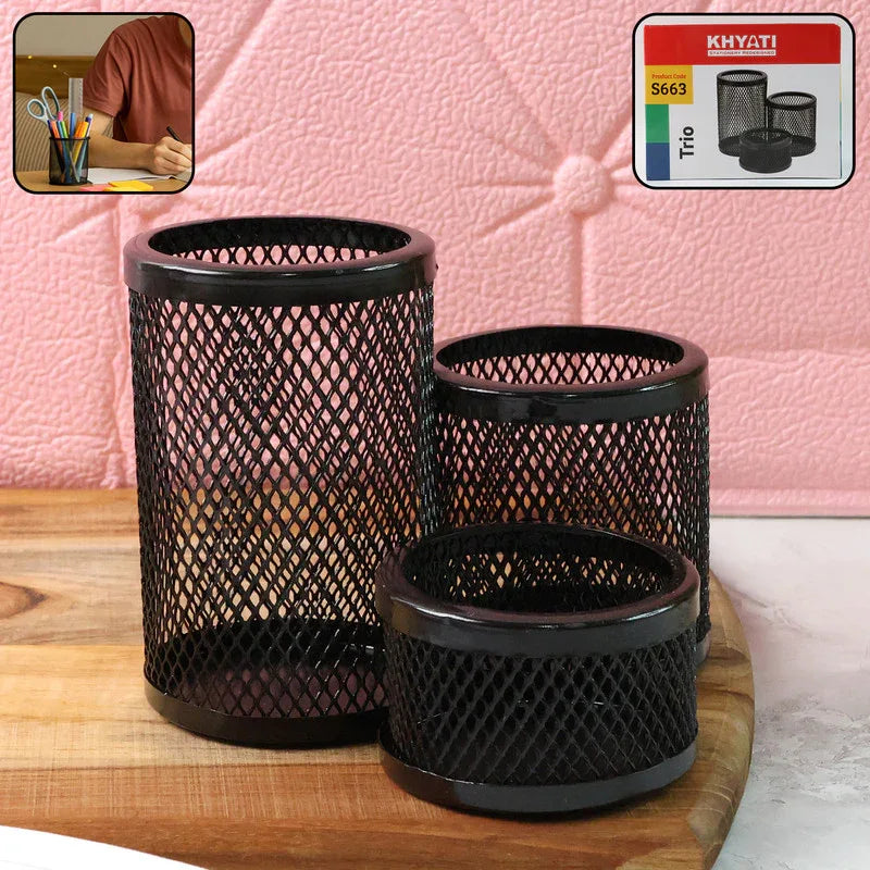 Khyati Trio Metal Mesh Pen Stand 3-in-1 Round Desk Organizer Set - Zidbik