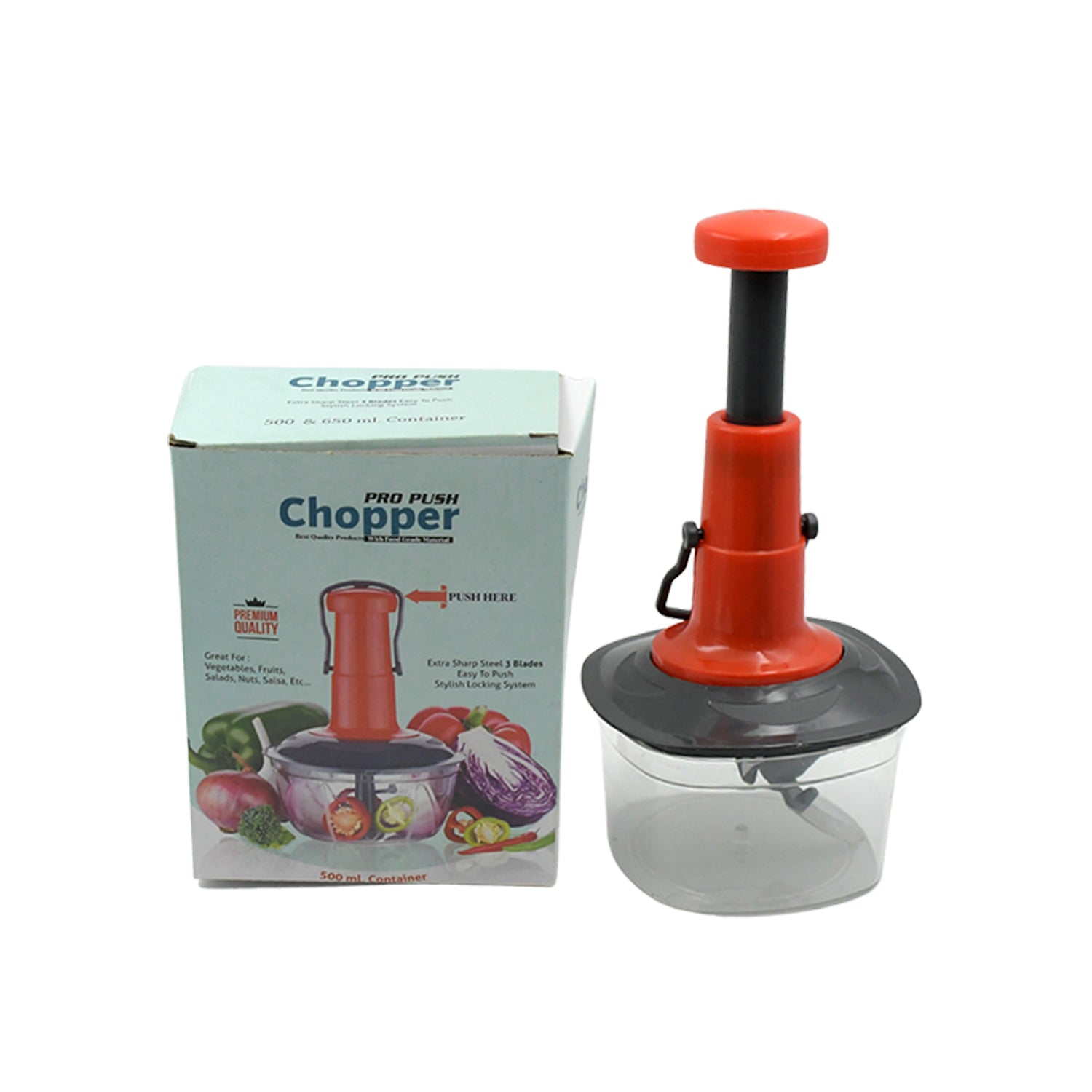 5790 Manual Press Fruit  Vegetable Chopper With 3 Stainless Steel Blades Anti-slip Base And Locking System Cutting Chopper For Kitchen (650 Ml) - Zidbik