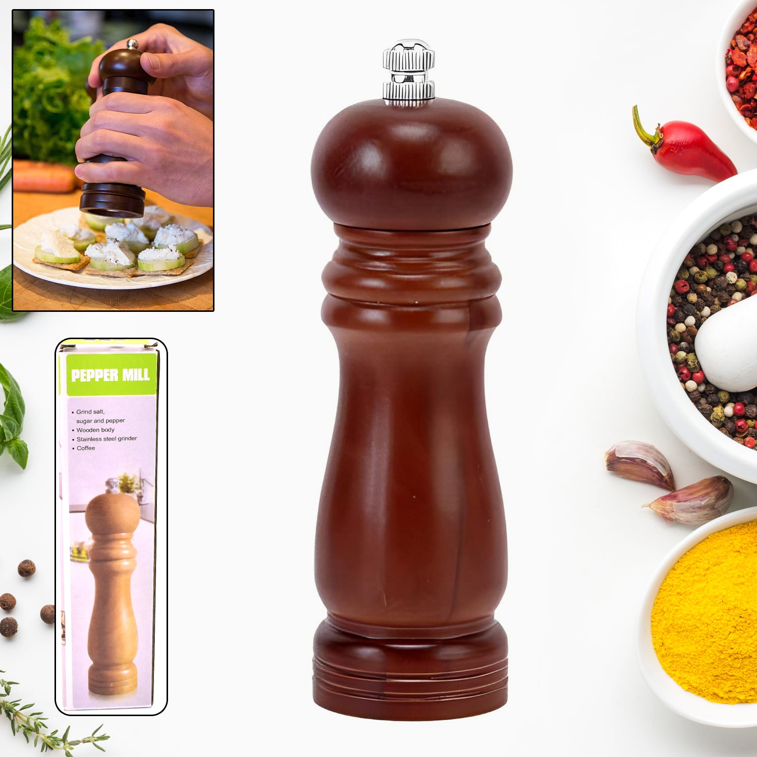 Wooden Pepper Mill 8 Inch Tall - Best Pepper Grinder (1 Pc) - Zidbik