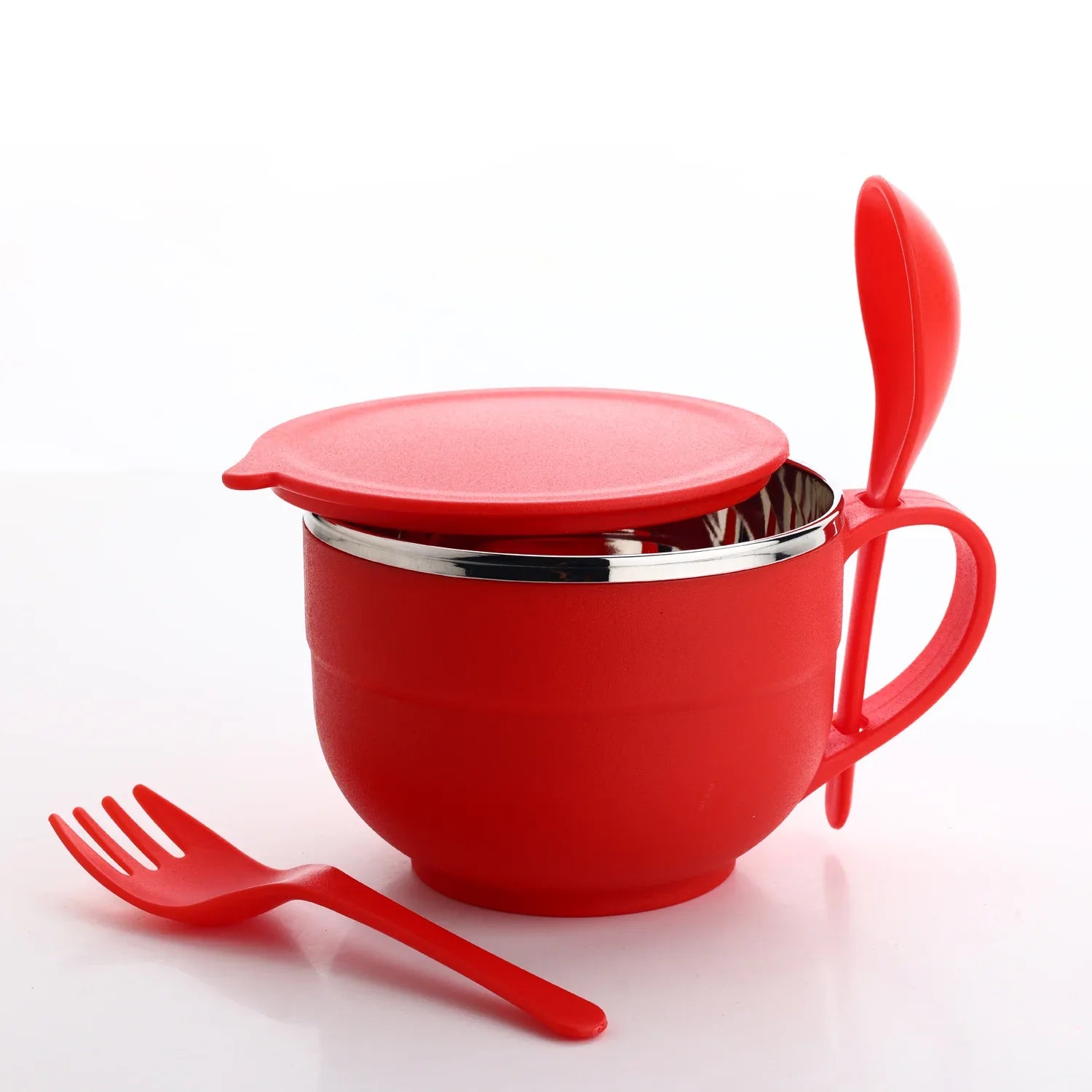 8130 Noodles Soup Bowl With Spoon And Fork Handle Spoon Holder Stainless Steel Bowl And Spoon Set Stainless Steel Storage - Zidbik