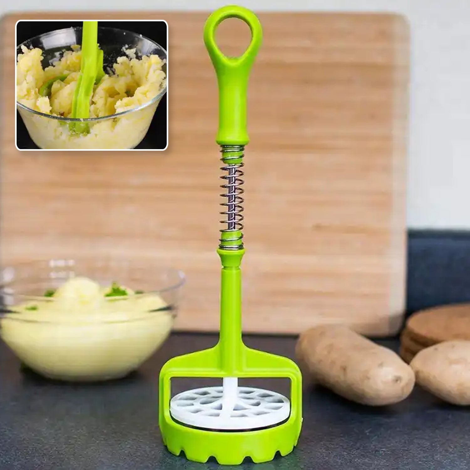 5768 Multi Functional One-handed Plastic Manual Mashed Potatoes Masher Mash Sweet Potato Masher With Comfort Grip And Stainless-steel Spring Design For Nonstick Pans (1 Pc) - Zidbik