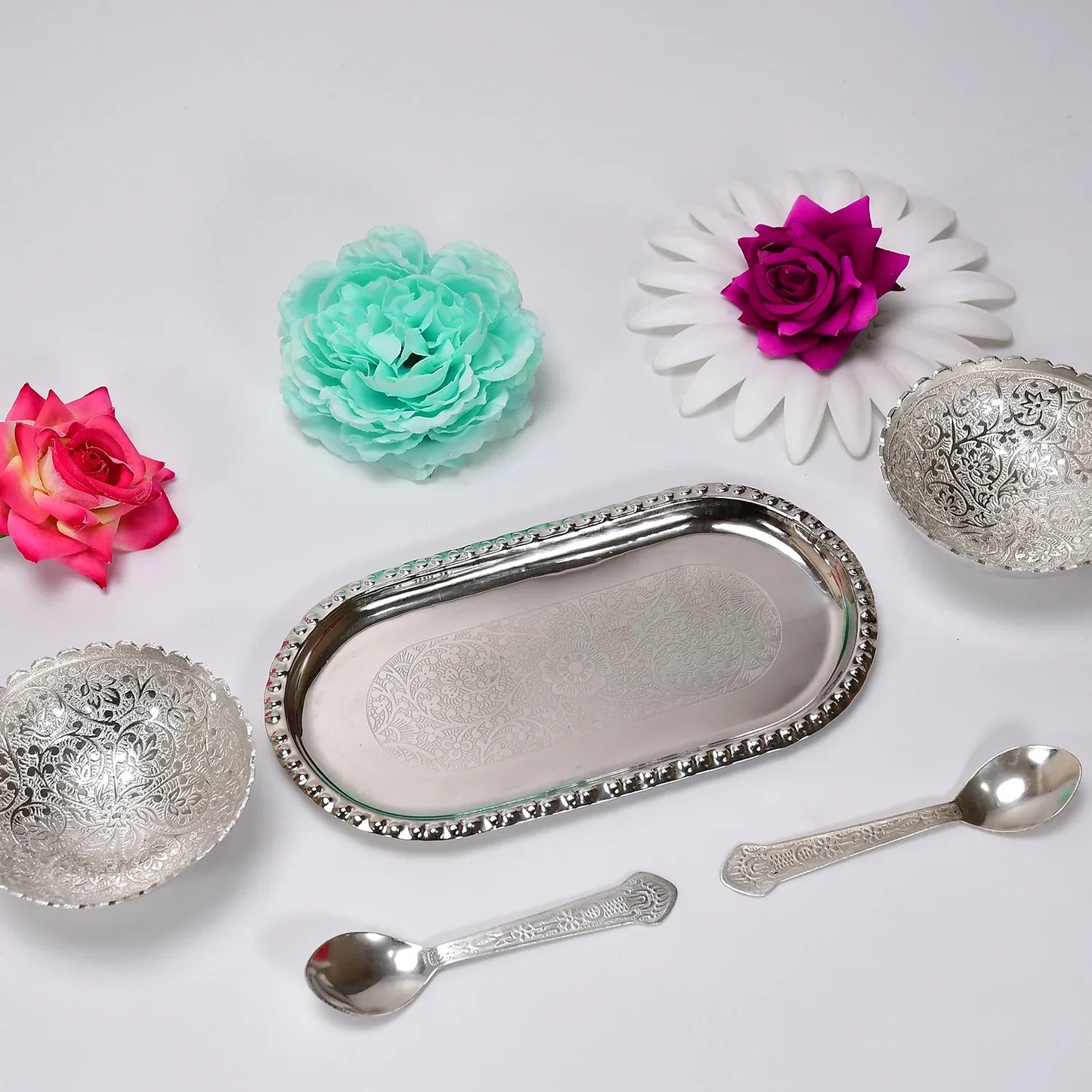 2947a Silver Plated 2 Bowl 2 Spoon Tray Set Brass With Red Velvet Gift Box Serving Dry Fruits Desserts Gift - Zidbik