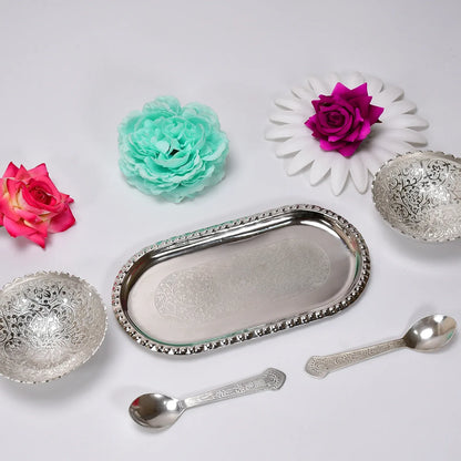 2947a Silver Plated 2 Bowl 2 Spoon Tray Set Brass With Red Velvet Gift Box Serving Dry Fruits Desserts Gift - Zidbik