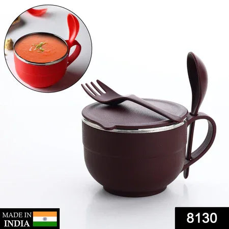 8130 Noodles Soup Bowl With Spoon And Fork Handle Spoon Holder Stainless Steel Bowl And Spoon Set Stainless Steel Storage - Zidbik