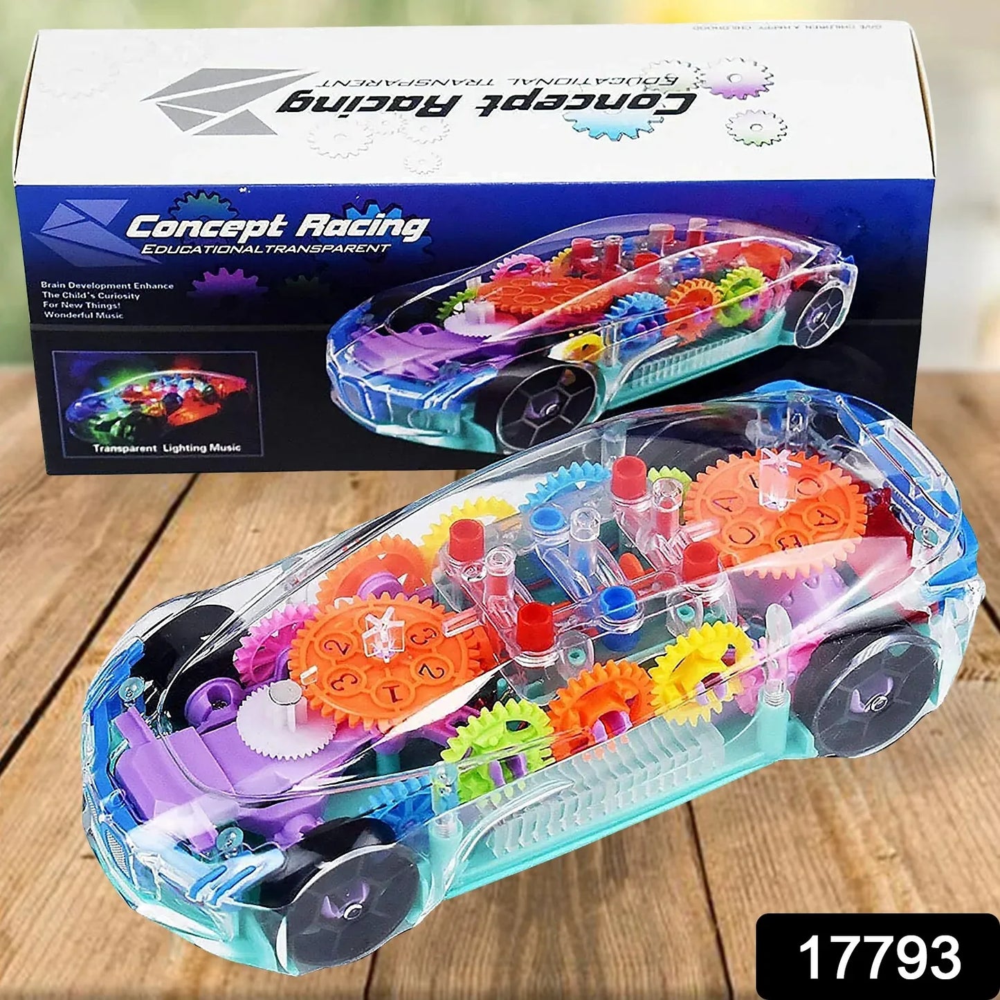 17793 Automatic 360 Degree Rotating Transparent Gear Concept Car With Musical And 3d Flashing Lights Toy For Kids Boys Girls (Multicolor Battery Not Included) - Zidbik