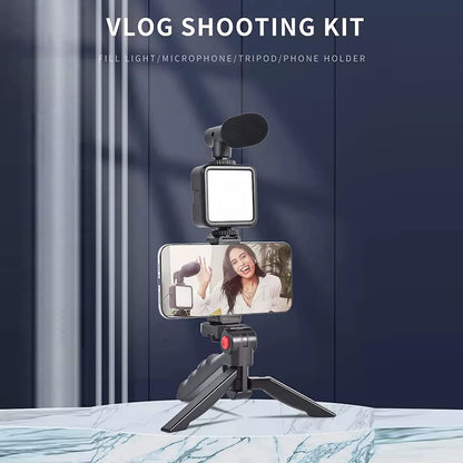6054 Vlogging Kit For Video Making With Mic Mini Tripod Stand Led Light  Phone Holder Clip For Making Videos - Zidbik