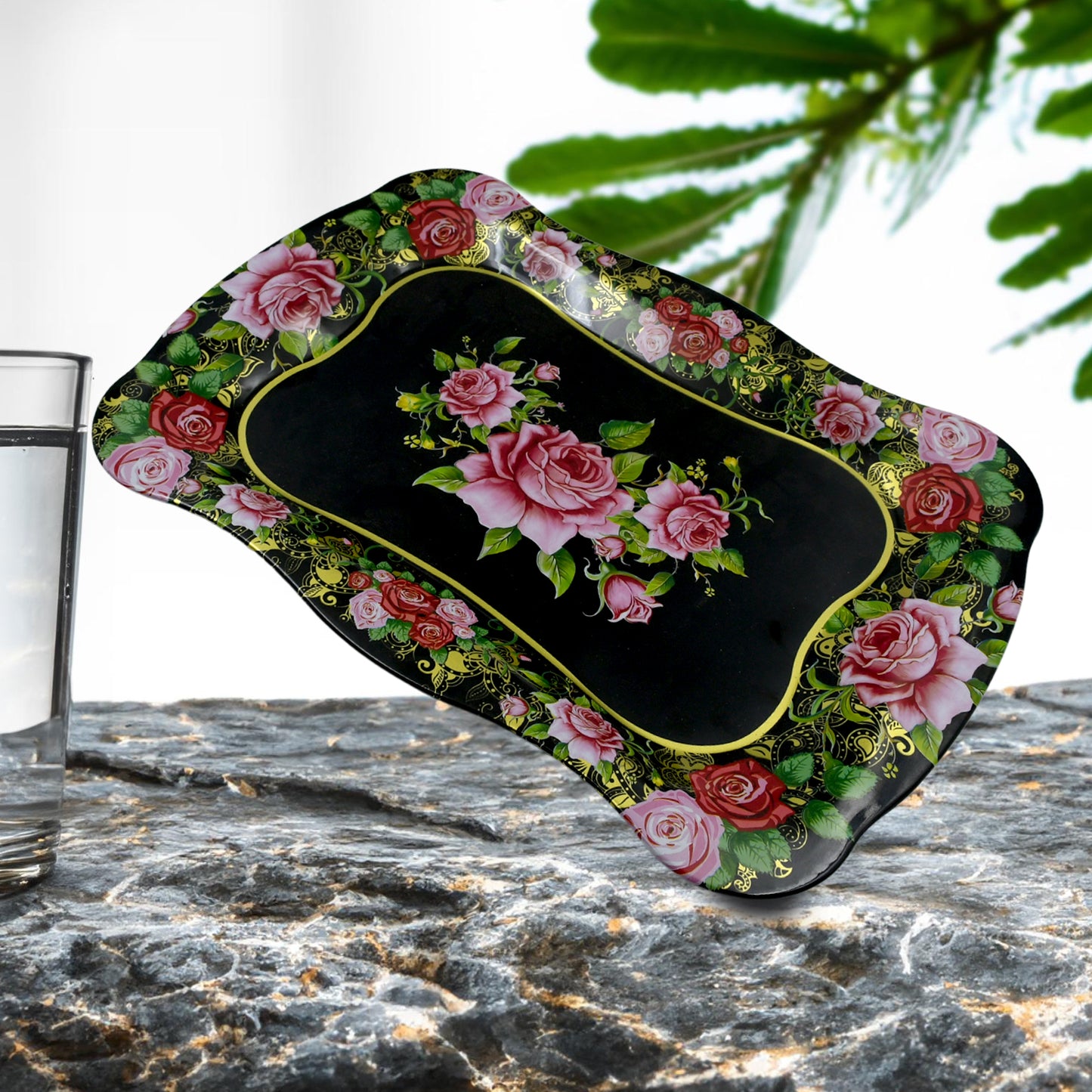 5537 Stainless Steel Serving Tray With Flower Printed Rectangle Premium Dining Table Plate (18 X 8.5 Inch  1 Pc) - Zidbik