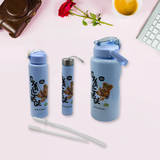 8403 Plastic Water Bottle 3pc Set3 Different Size Bottle High Quality Water Bottle Plastic Water Bottle Bpa-free Leak-proof Cartoon Printed Design For Kids School For Fridge Office Sports School Gym Yoga (3 Pc Set) - Zidbik