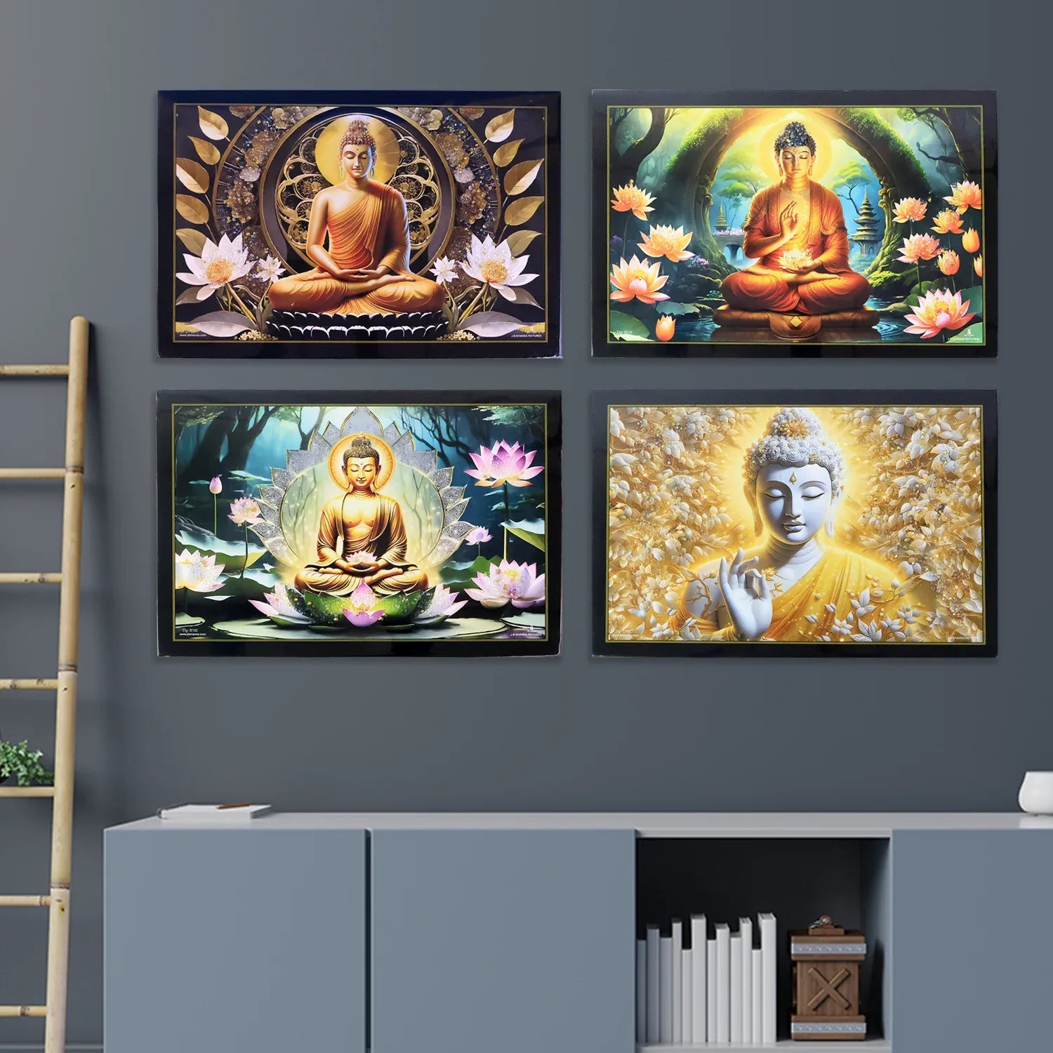 Decorative Lord Buddha Wall Painting With Wooden Frame Mix Design 45x30 Cm Approx (1 Pc) - Zidbik