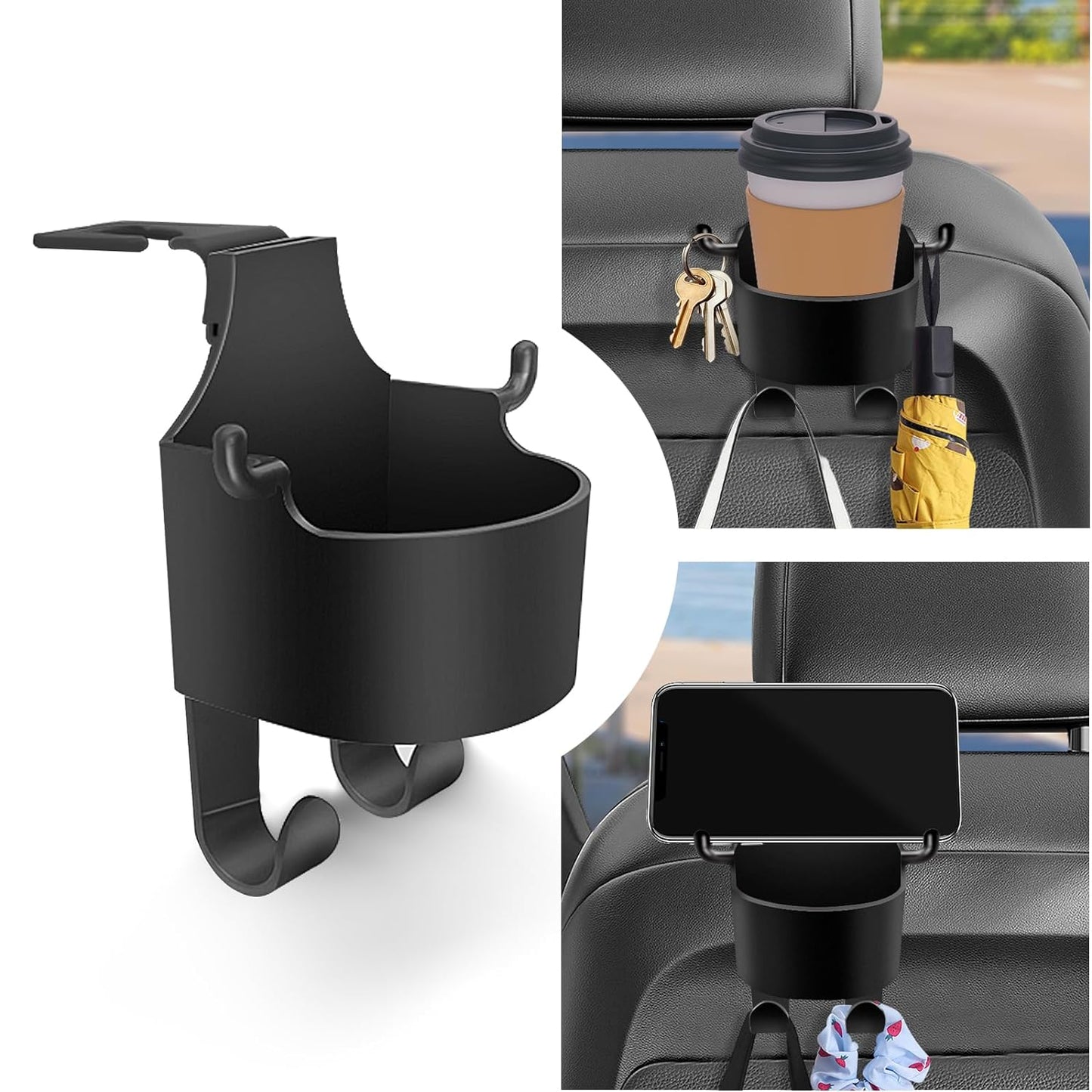 8548 Car Headrest Backseat Organizer 3 In 1 Automotive Cell Phone Drink Cupholder Adapter With Headrest Hooks For Kids And Adults Multifunctional Storage For Car Travel Accessories - Zidbik