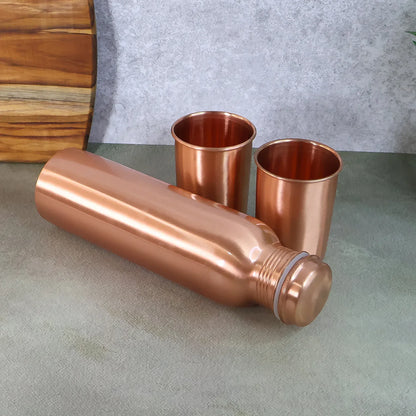 Copper Water Bottle 2 Glasses With Gift Box (3 Pcs Set) - Zidbik