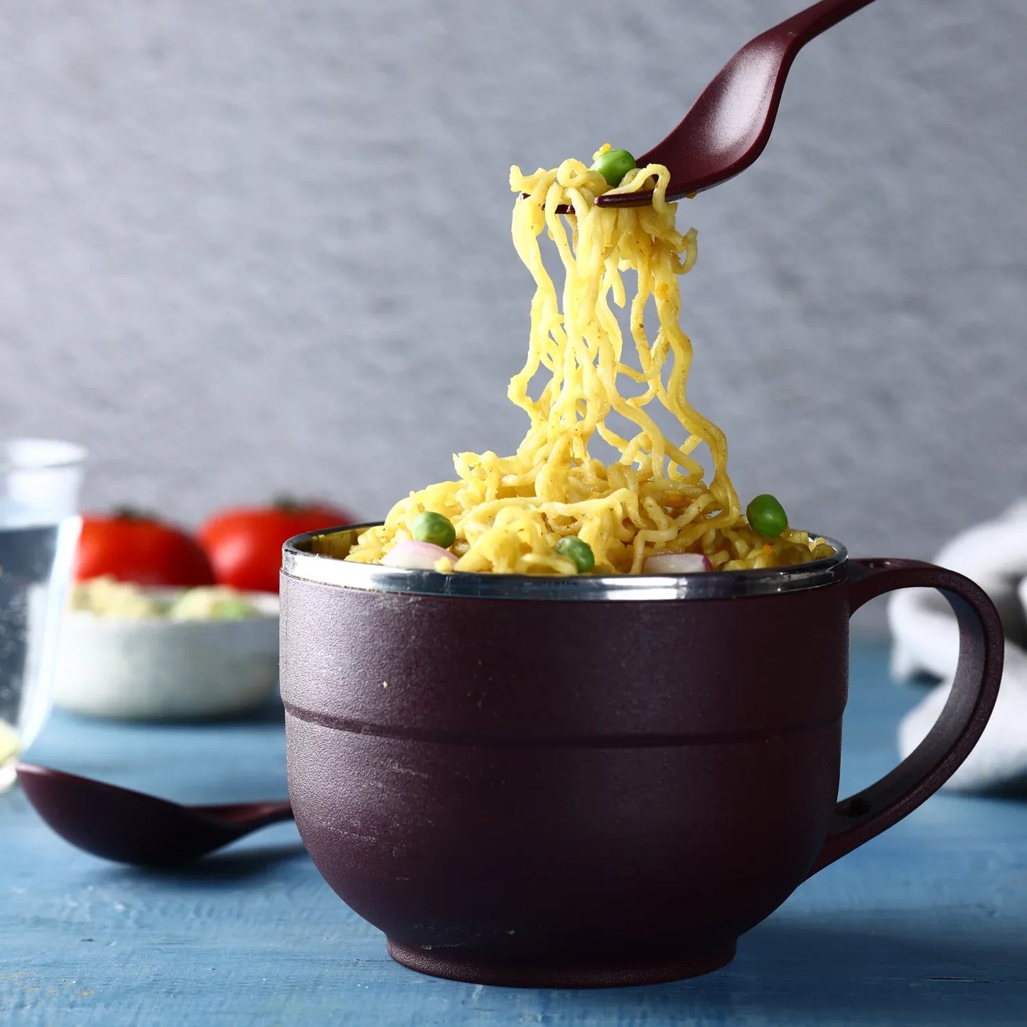 8130 Noodles Soup Bowl With Spoon And Fork Handle Spoon Holder Stainless Steel Bowl And Spoon Set Stainless Steel Storage - Zidbik