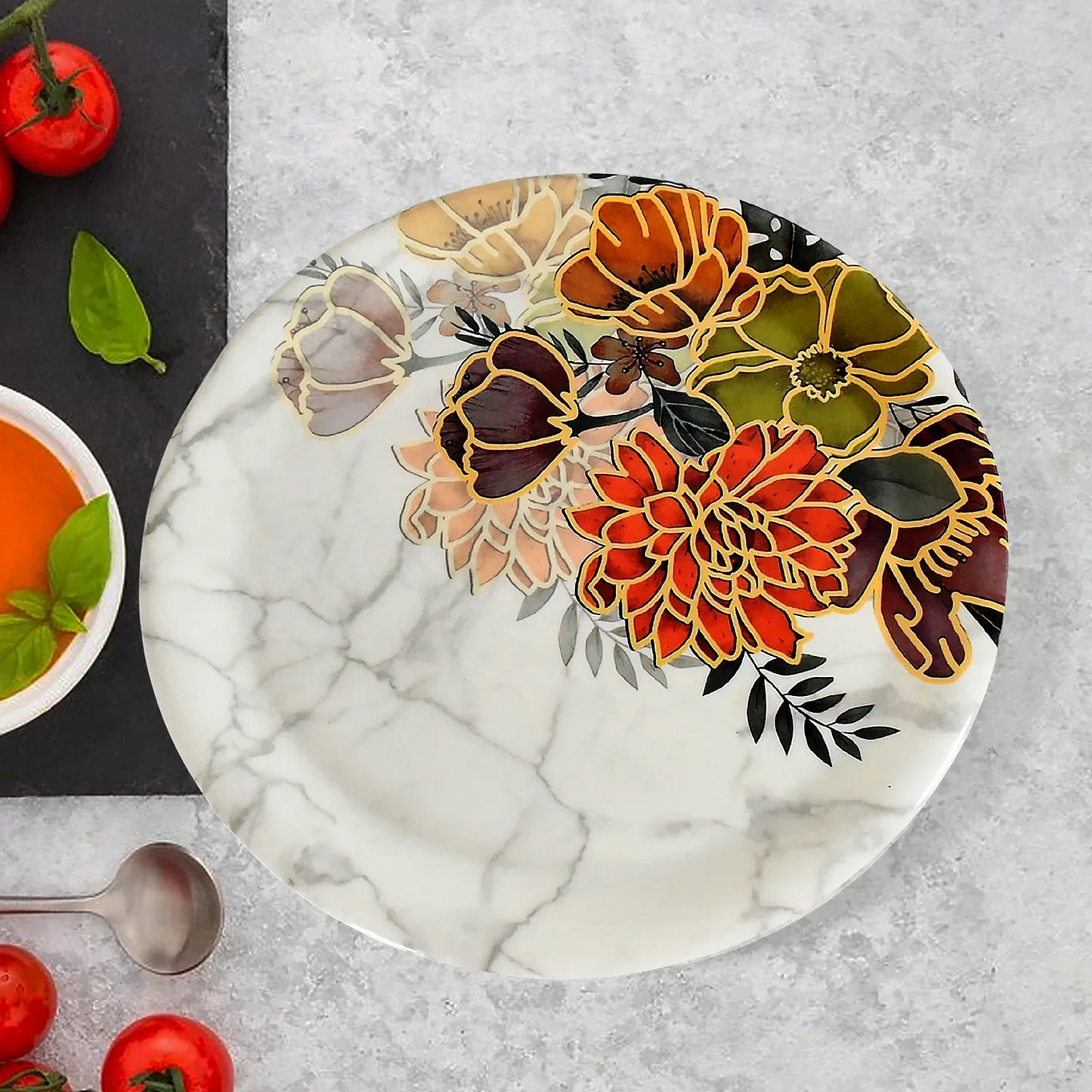 8231 Dream High Quality Plastic Dinning Dinner Set With Unique Flower Design Printed 6 Pc Plates 6 Pc Bowls And 6 Pc Serving Spoon Lightweight Round Plates And Bowls Microwave And Dishwasher Safe (18 Pcs Set) - Zidbik