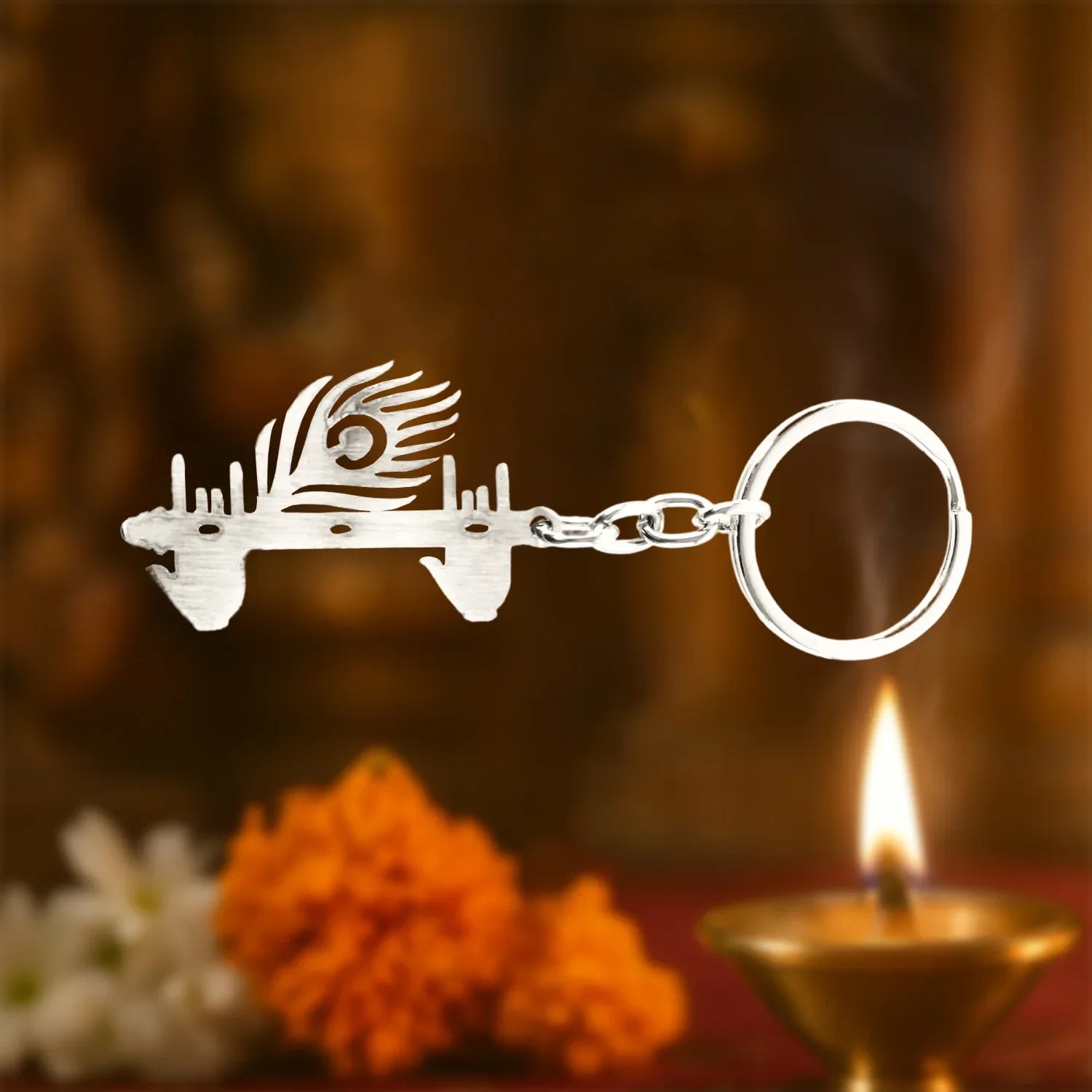 Krishna Flute Peacock Feather Metal Keychain - (1 Pc) - Zidbik