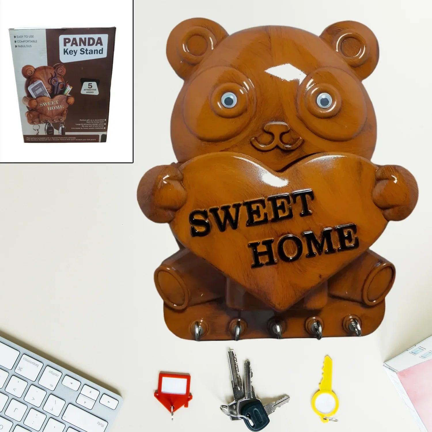 Cute Plastic Panda Key Holder Wall Key Rack With 5 Hooks (1 Pc) - Zidbik