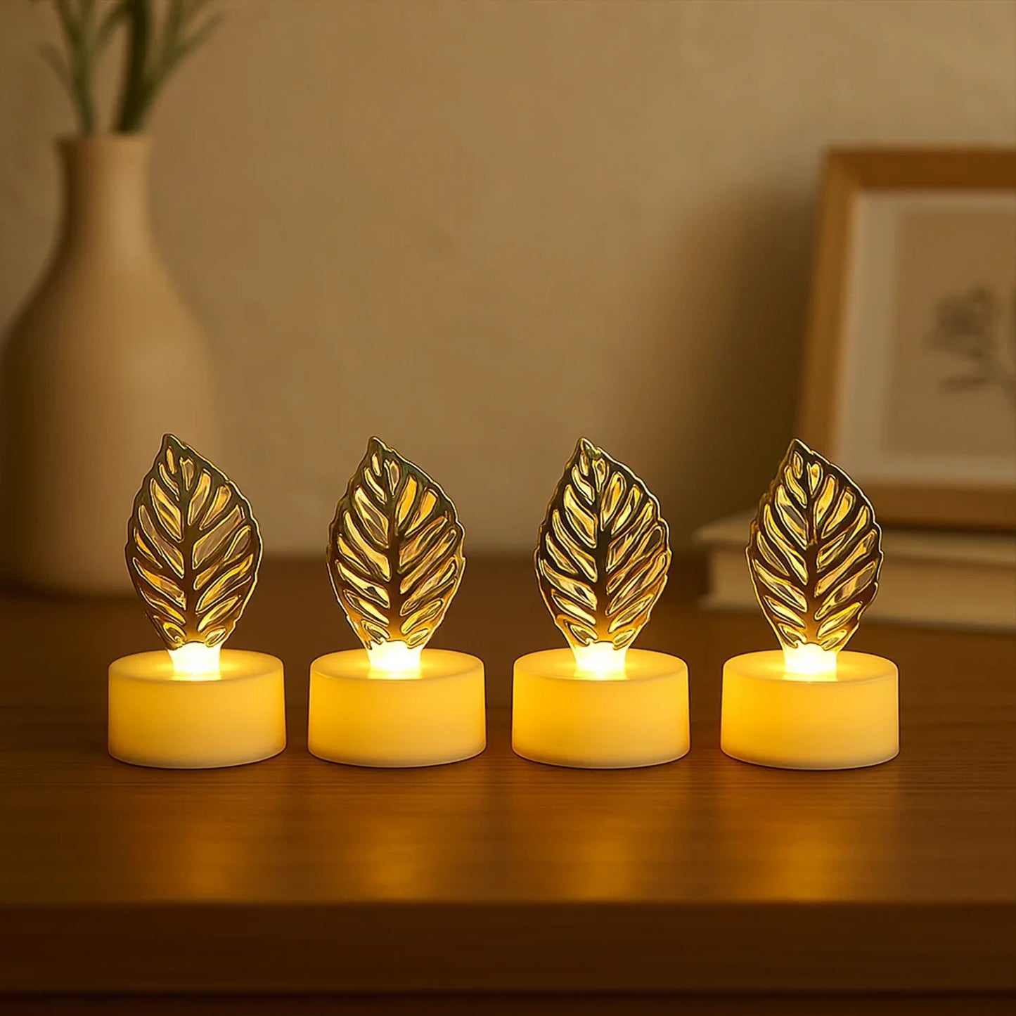 Decorative Golden Leaf Shaped Flameless Led Candles (4 Pc) - Zidbik