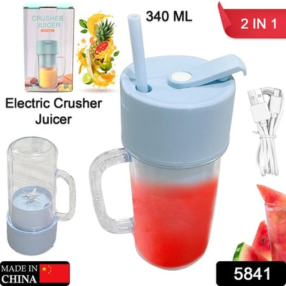 5841 2 In1 Portable Crusher Juicer With Handle  Straw For Smoothie Sipper Usb Rechargeable (340 Ml) 6 Stainless Steel Blades Compact Juicer Mixer Juicer Portable Fresh Juice Blender Portable Electric Juicer ( 340 Ml ) - Zidbik