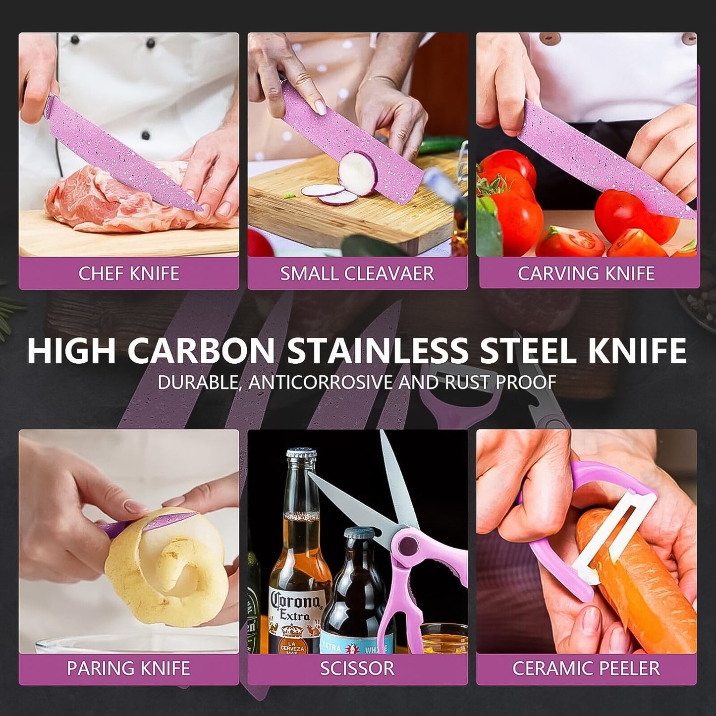 Stainless Steel Non Stick Ceramic Coating 6 Pcs Chef Kitchen Knife Set With Scissor  Peeler - Zidbik