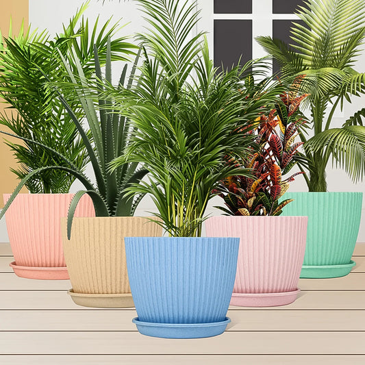 Plastic Flower Pot With Bottom Tray (5 Pcs Set) - Zidbik
