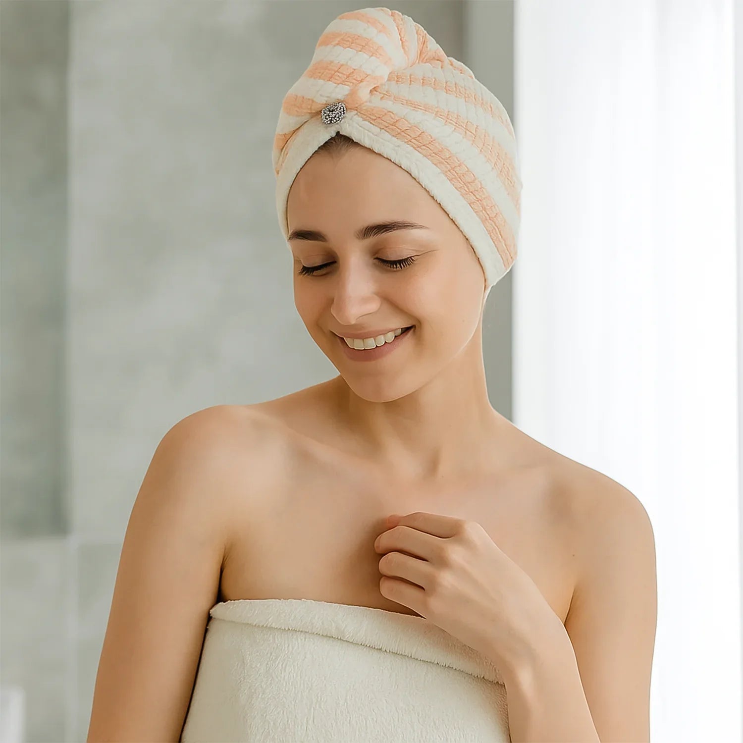 Soft Microfiber Hair Drying Towel Wrap With Cute Teddy Bear Button (1 Pc) - Zidbik