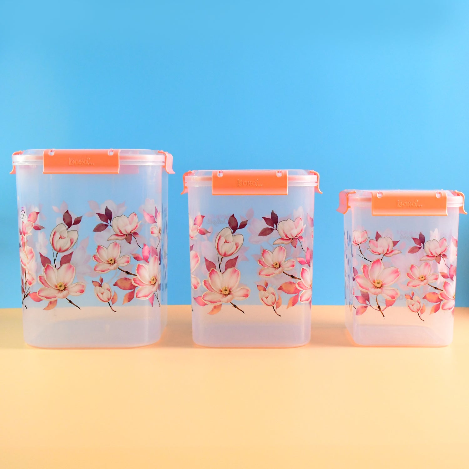 Square 3 Pcs Floral Printed Airtight Storage Container Set  Approx 2.8 Ltr 4.5 Ltr 6.9 Ltr (3 Pcs Set) - Zidbik