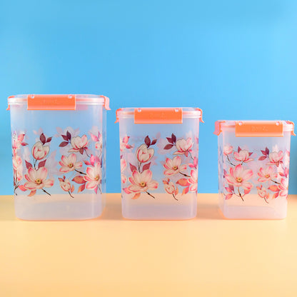 Square 3 Pcs Floral Printed Airtight Storage Container Set  Approx 2.8 Ltr 4.5 Ltr 6.9 Ltr (3 Pcs Set) - Zidbik