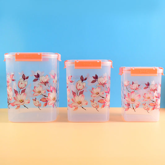 Square 3 Pcs Floral Printed Airtight Storage Container Set  Approx 2.8 Ltr 4.5 Ltr 6.9 Ltr (3 Pcs Set) - Zidbik