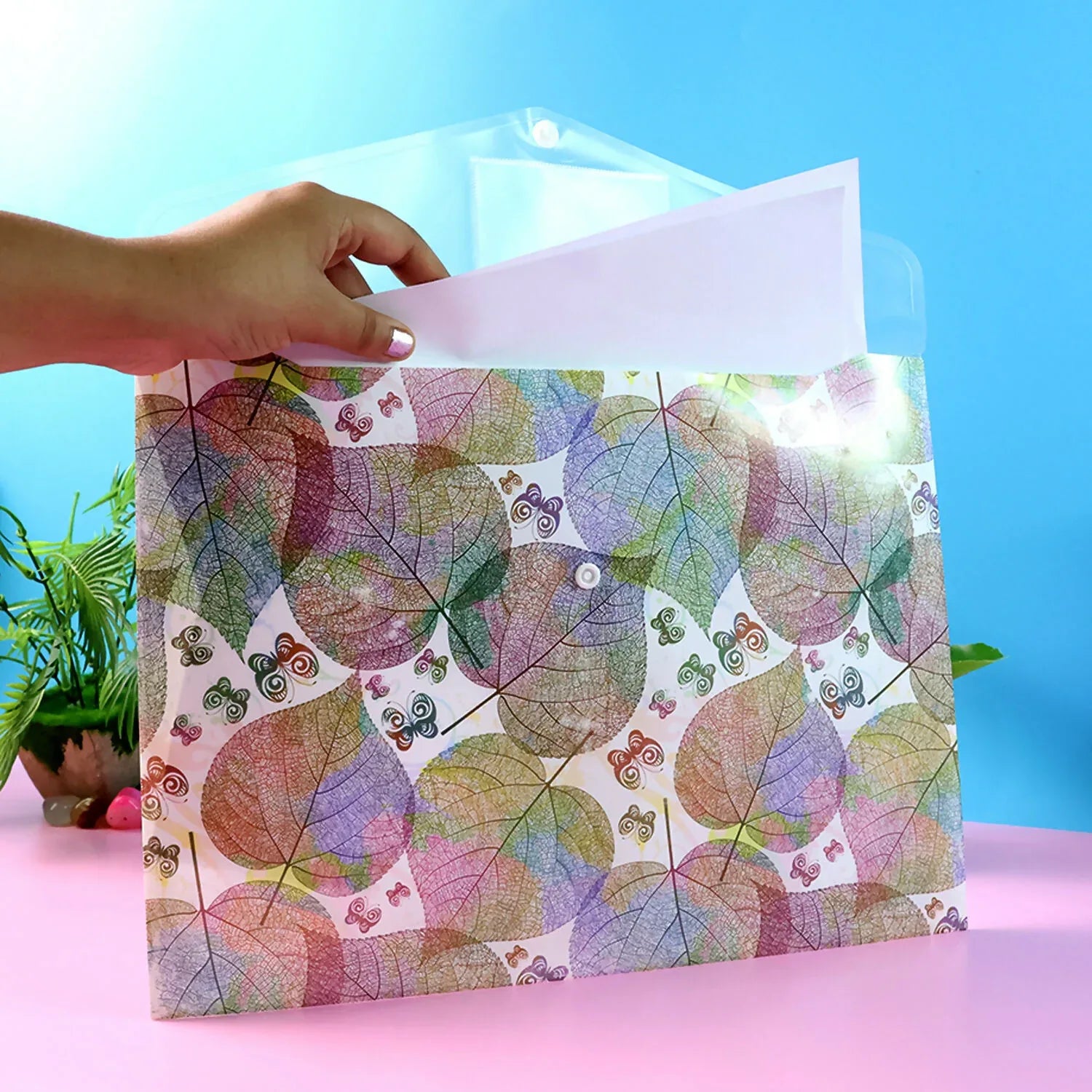 Printed A4 Document Folder Leaf Design With Button Closure Label Slot (1 Pc) - Zidbik