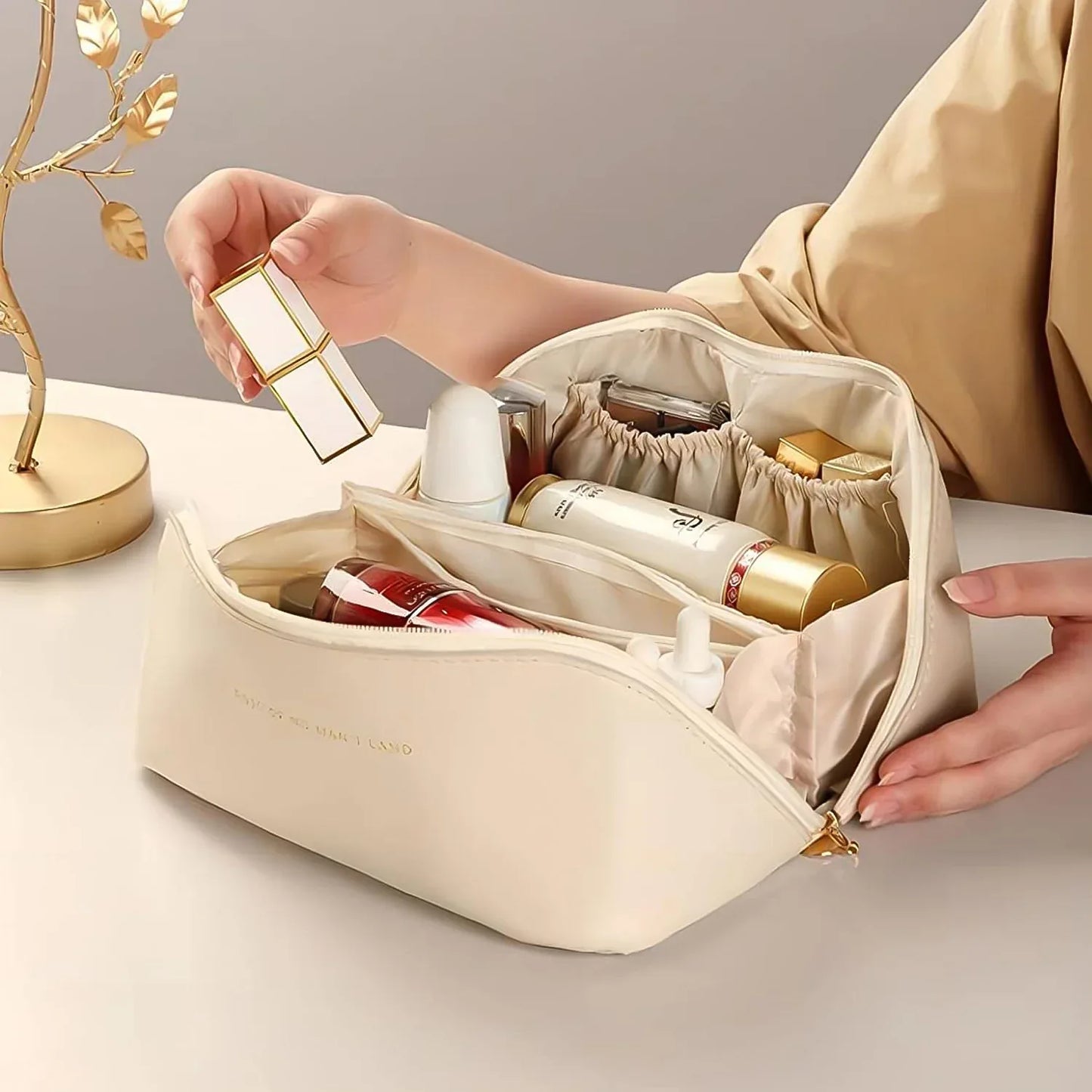 Premium Cream Travel Makeup Toiletry Organizer Pouch With Zipper Handle (1 Pc) - Zidbik